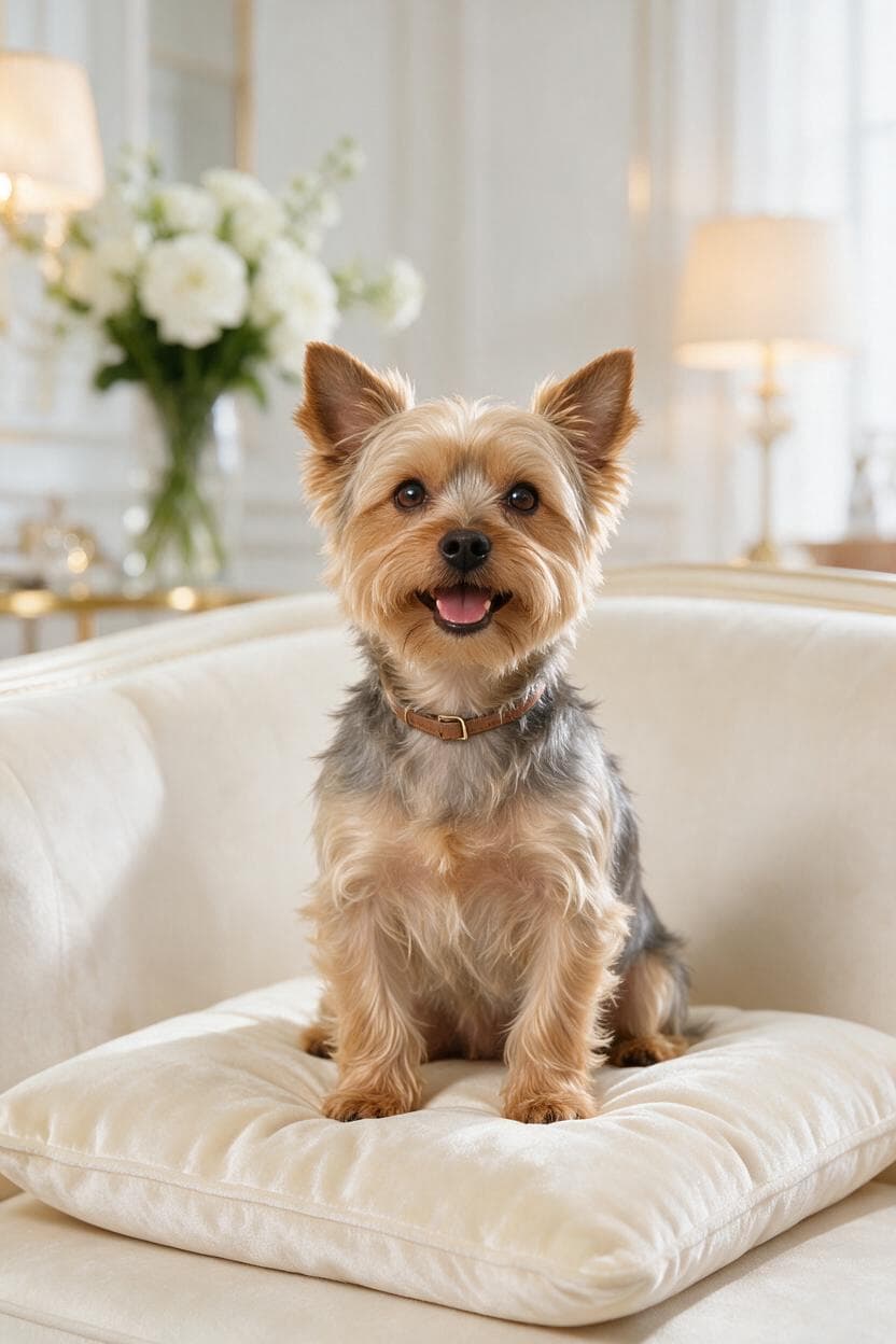 AI perfect version of a terrier on a velvet cushion in a luxury living room