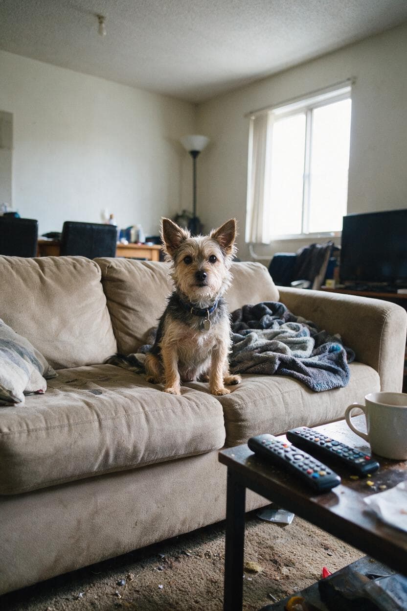 The real photo: a scruffy terrier on a messy sofa in an ordinary living room